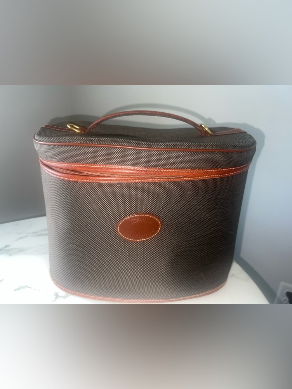Vintage 90s Longchamp  Le Pliage Country Estate Cognac & Moss Vanity Train CBK - Picture 5 of 10